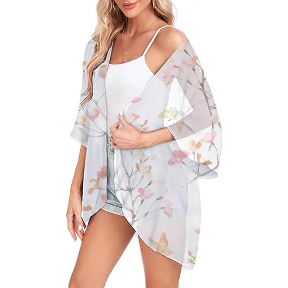 Elegant 3d Leaf Printed Kimono Summer Beach Kimono For Women Chiffon Cover Ups Fashion Breathable Swimwear Coat Kimono Jacket