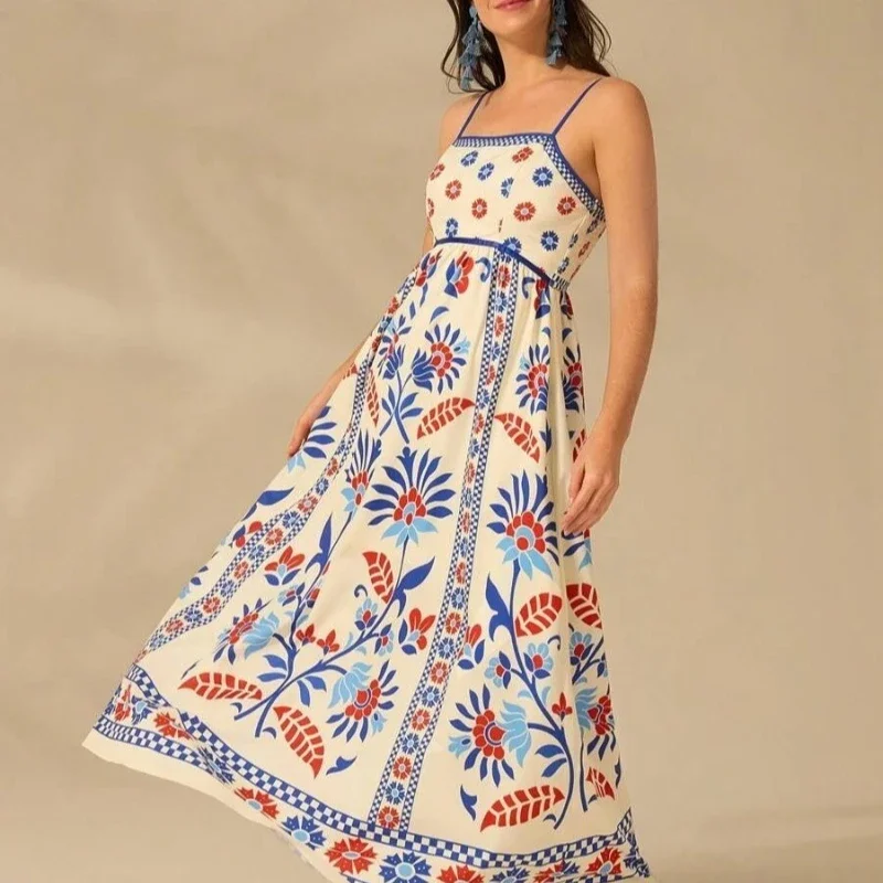 Women's Bohemian Mini A-Line Dress Fashion Sweet Ruffle Sleeveless Square Neck Short Sunshine Floral Print with Lotus Leaf Hem