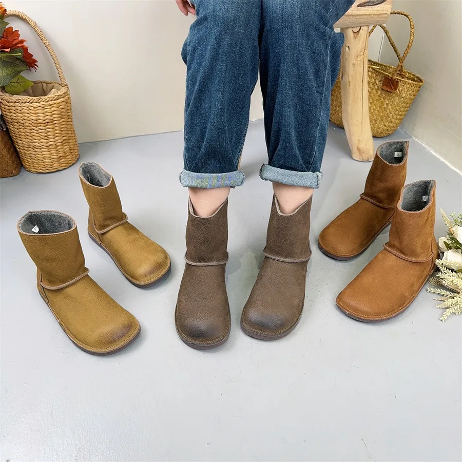 Birkuir Retro Genuine Leather Plush Snow Boots For Women Slip On Flats Short Boots Luxury Round Toe Soft Soles Boots For Girls