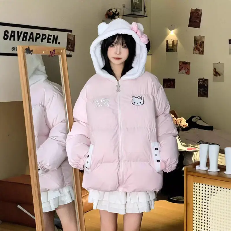 

Anime Hello Kitty Winter New Pink Sweet Wind Women's Embroidered Plush Hooded Cotton Jacket Comfortable and Warm Student Coat
