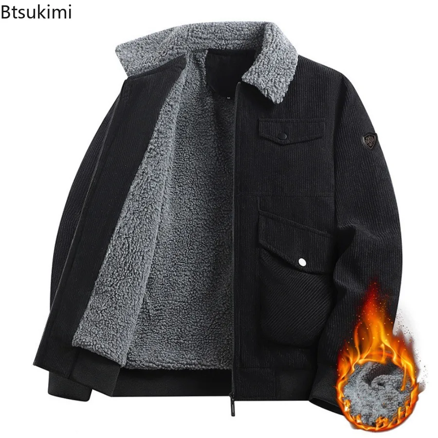 Man's Autumn Winter Flip Collar Coats Fleece Keep Warm Thickening Jackets Fashion Simplicity Pocket Solid Cotton Clothes Male