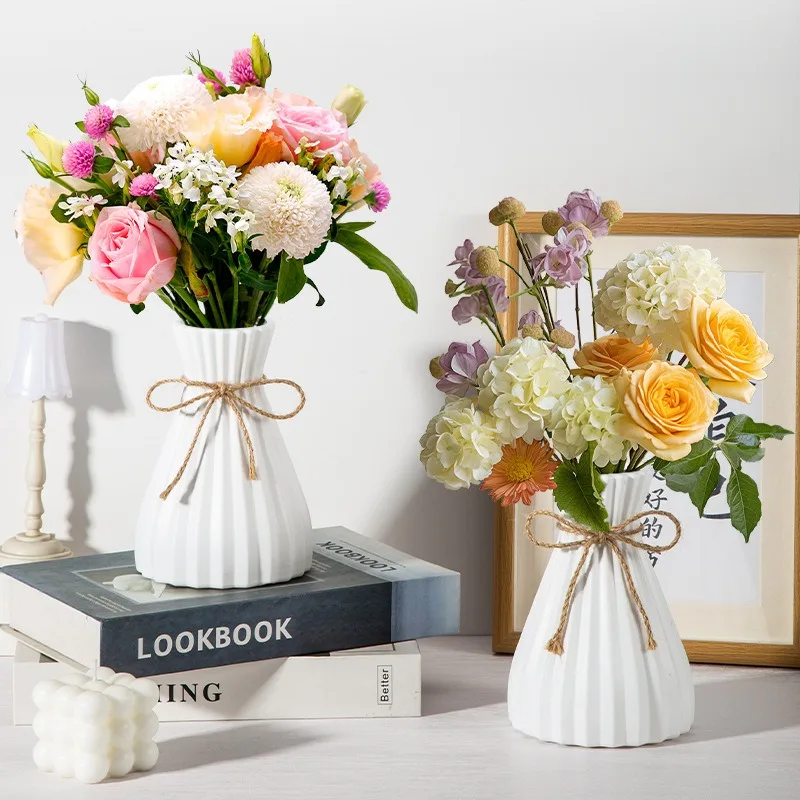 Hydrokultur Blumenflasche Nachahmung Keramik Kunststoff Vase Taille moderne Vase Origami kreative Hanfseil Simulationsblume