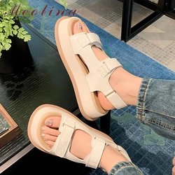 Meotina Women Genuine Leather Sandals Round Toe Platform Flat Sandals Concise Ladies Causal Shoes Summer 2022 Beige Black 40