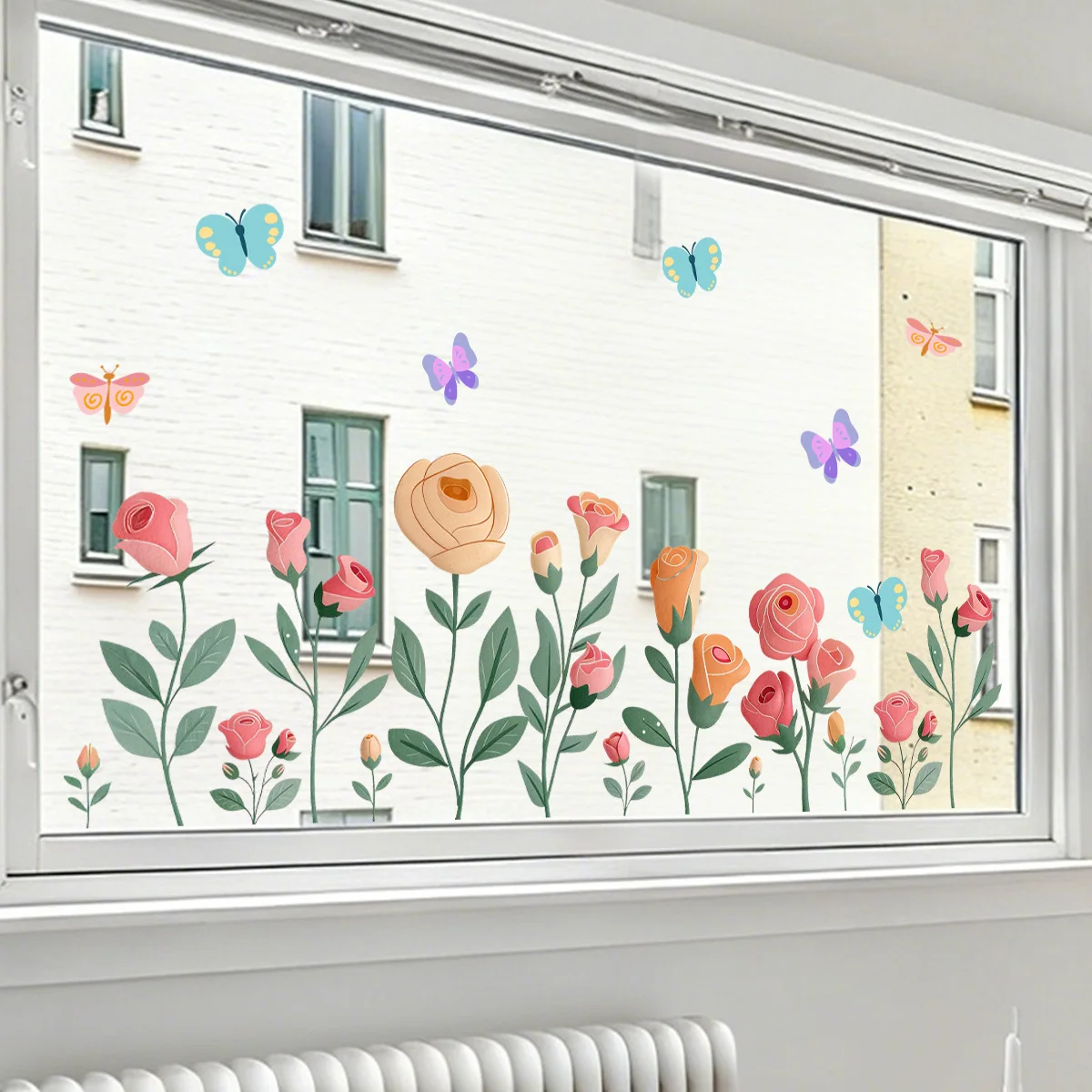 35.4x11.8 Inches Window Clings with Roses and Butterflies - Soft Pink Peach Orange Floral Decals for Home Decor