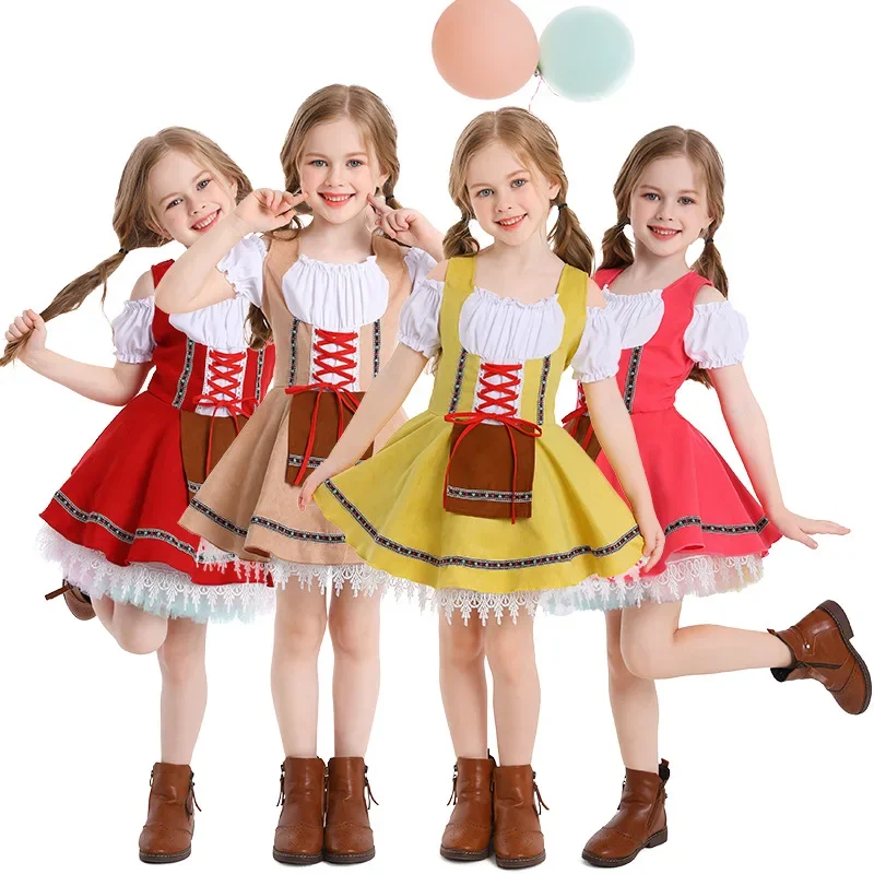 Kid Girls Beer Dress Costume German Oktoberfest Bavarian Fantasia Party Beer Costumes Halloween Cosplay Dirndl Dress up