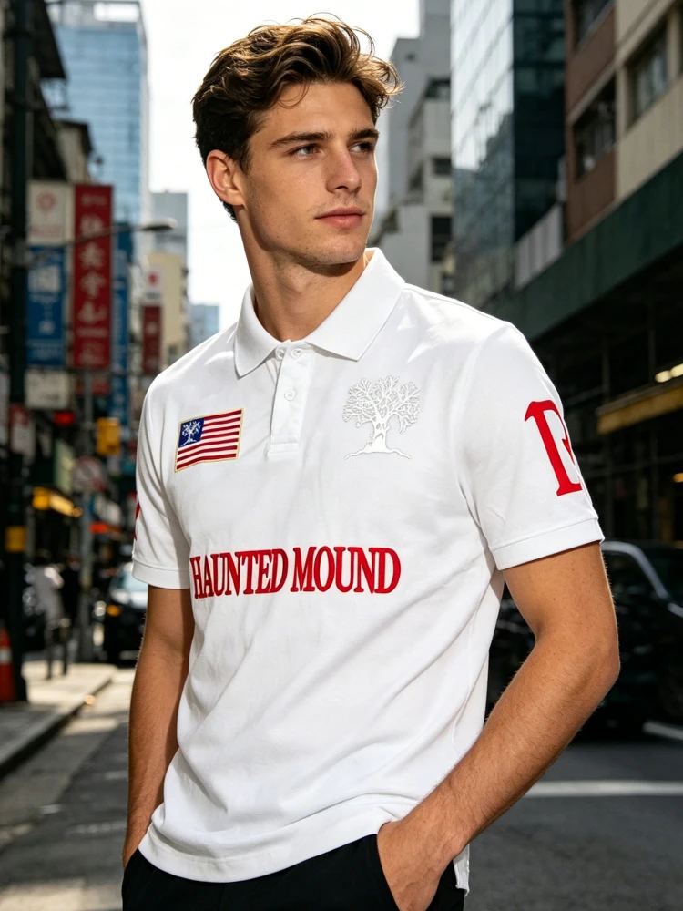 Unisex Black Vintage Mound Polo Shirt with American Flag Dead Tree Embroidery Short Sleeve Y2K Hip Hop Streetwear Lapel Tee
