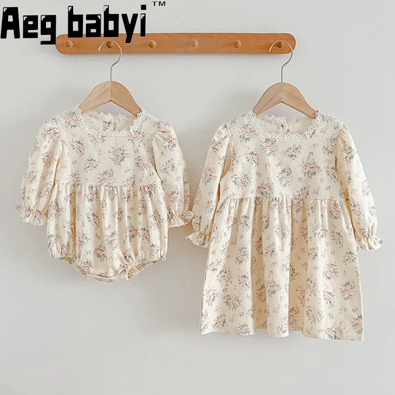 

Korean Baby Girls Clothes Spring Autumn New Dress Girl Floral Lace Princess Dress Baby Girls Romper Kids Sister Clothing Outfit