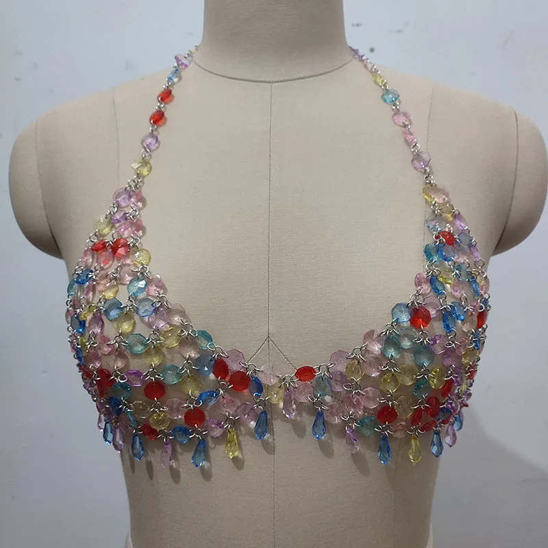 Naked Color Imitation Crystal Tank Top, Sexy Nightclub Girl, Hollowed Out Hanging Neck And Chest Decoration, Handmade Bead Top