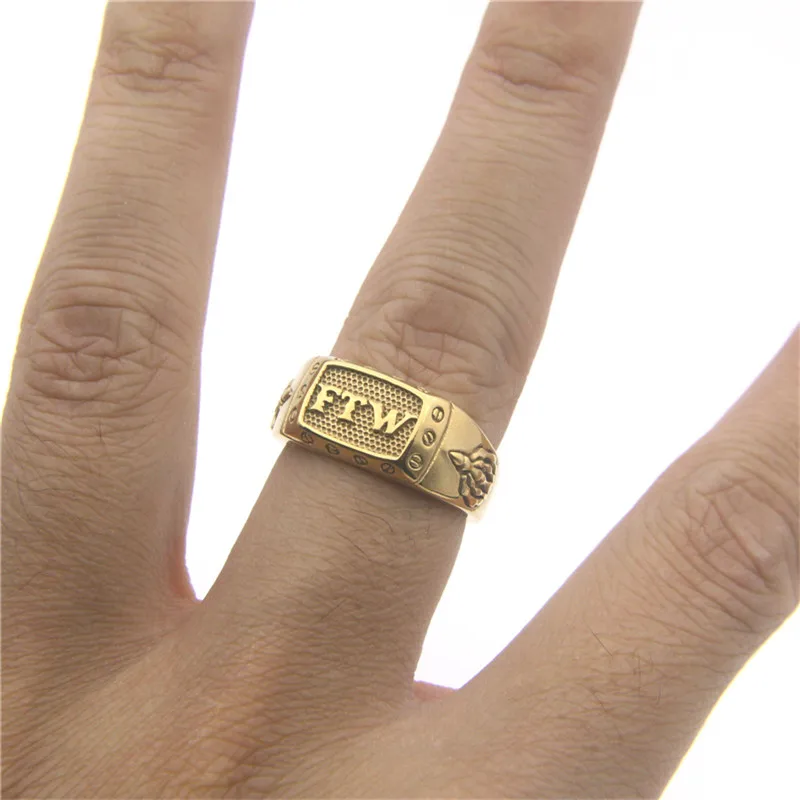 Golden Plated FTW Ring Stainless Steel Retro Punk Style Zircon Cross Tree Cobra Unisex Ring