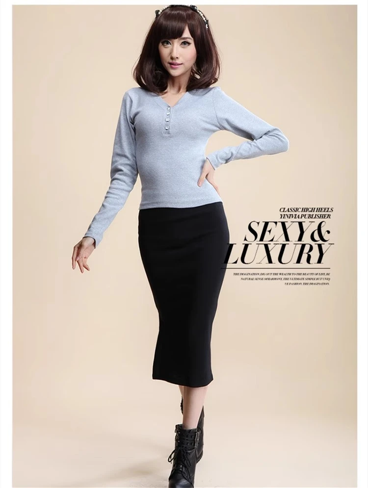 Winter-Damenrock, hohe Taille, Stretch-Bleistift, lang, geteilt, vorne geschlitzt, A-Linie, lässig, koreanischer Stil, eleganter schwarzer Bleistiftrock – Detail 1