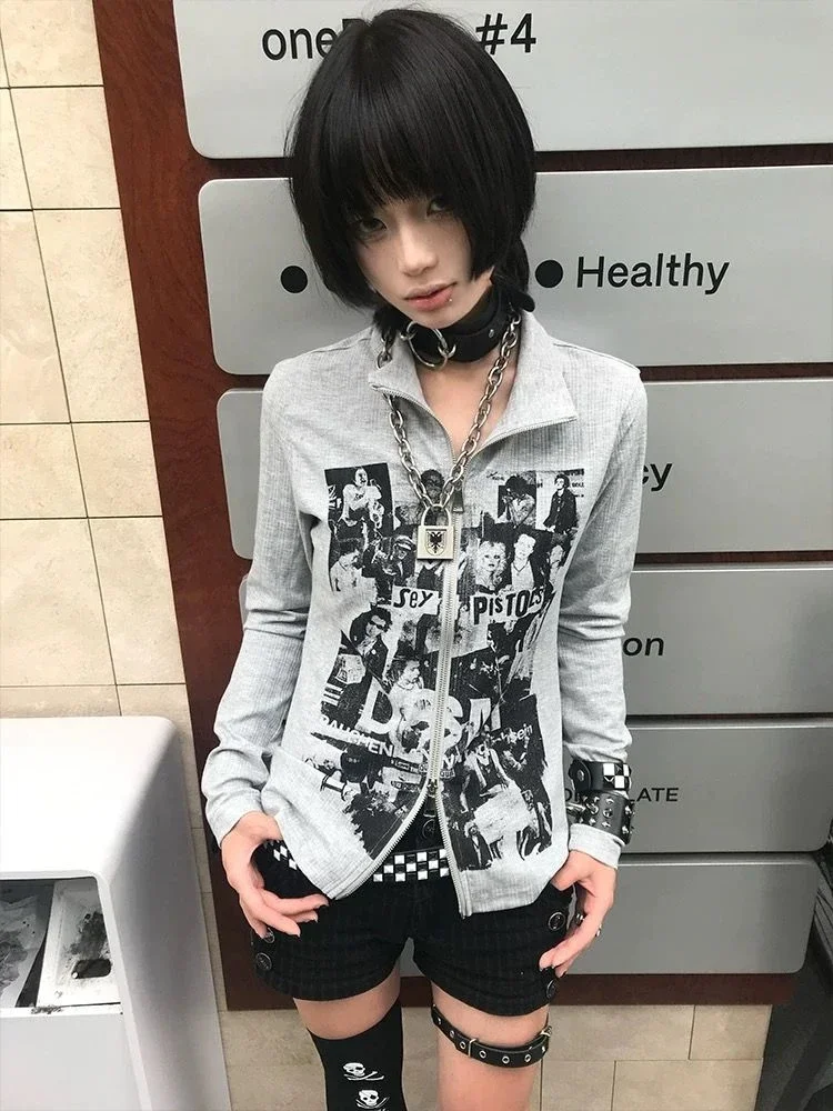 Punk Vintage Print Grunge Hoddies Women Streetwear Double Zippers 2024 Korean Sexy Jacket Y2k Aesthetic Slim Fit Gray Sweatshirt