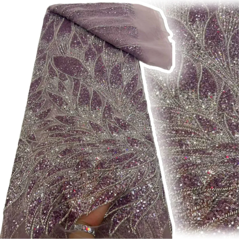 

Latest African Beaded Embroidery Lace Fabric High-Quality Luxury Nigerian Sequined Lace Sewing Supplies & Fabric 5 Yards 2187