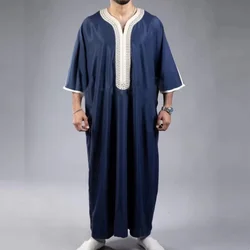 Traditional Muslim ethnic style men's long robe men's elegant robe regular round neck embroidered men's casual loose robe