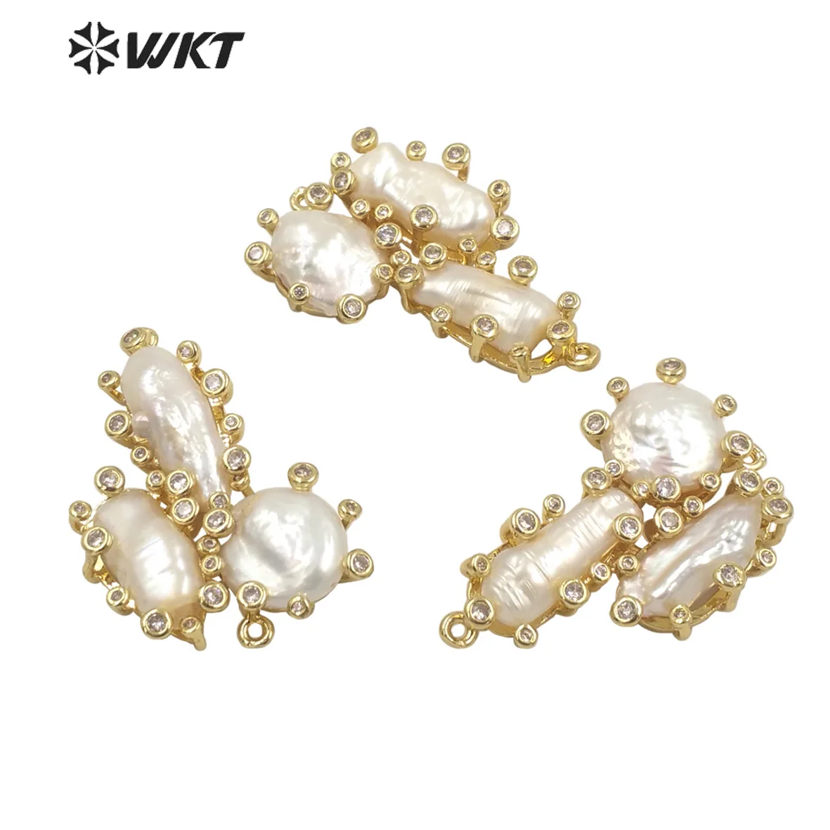 WT-JP310 Wholesale Gorgeous Micropave Zircon Setting Freshwater White Pearl Pendants Elegant Style Gold Plated Irregular Shape