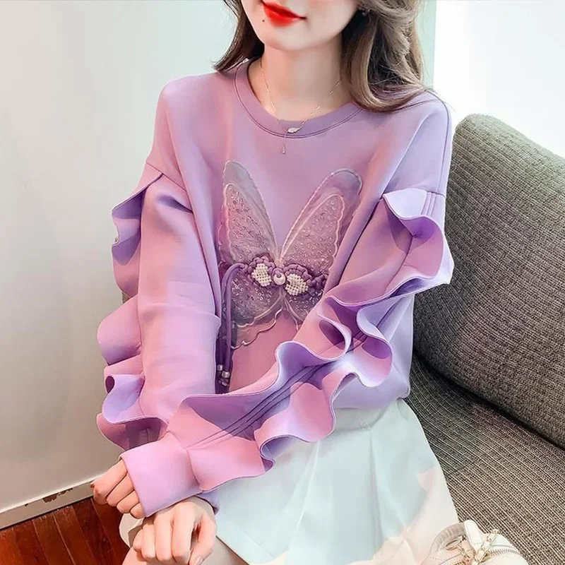 Fashion Spliced Loose Bow Beading Ruffles Blouse Female Clothing Autumn New Casual Pullovers All-match Commute Shirt ZL131