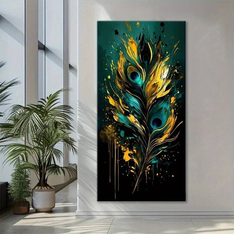 Large-sized frameless canvas paintings,Green Yellow Peacock Feathers Poster and Prints Nordic Abstract Art Canvas Painting Wall