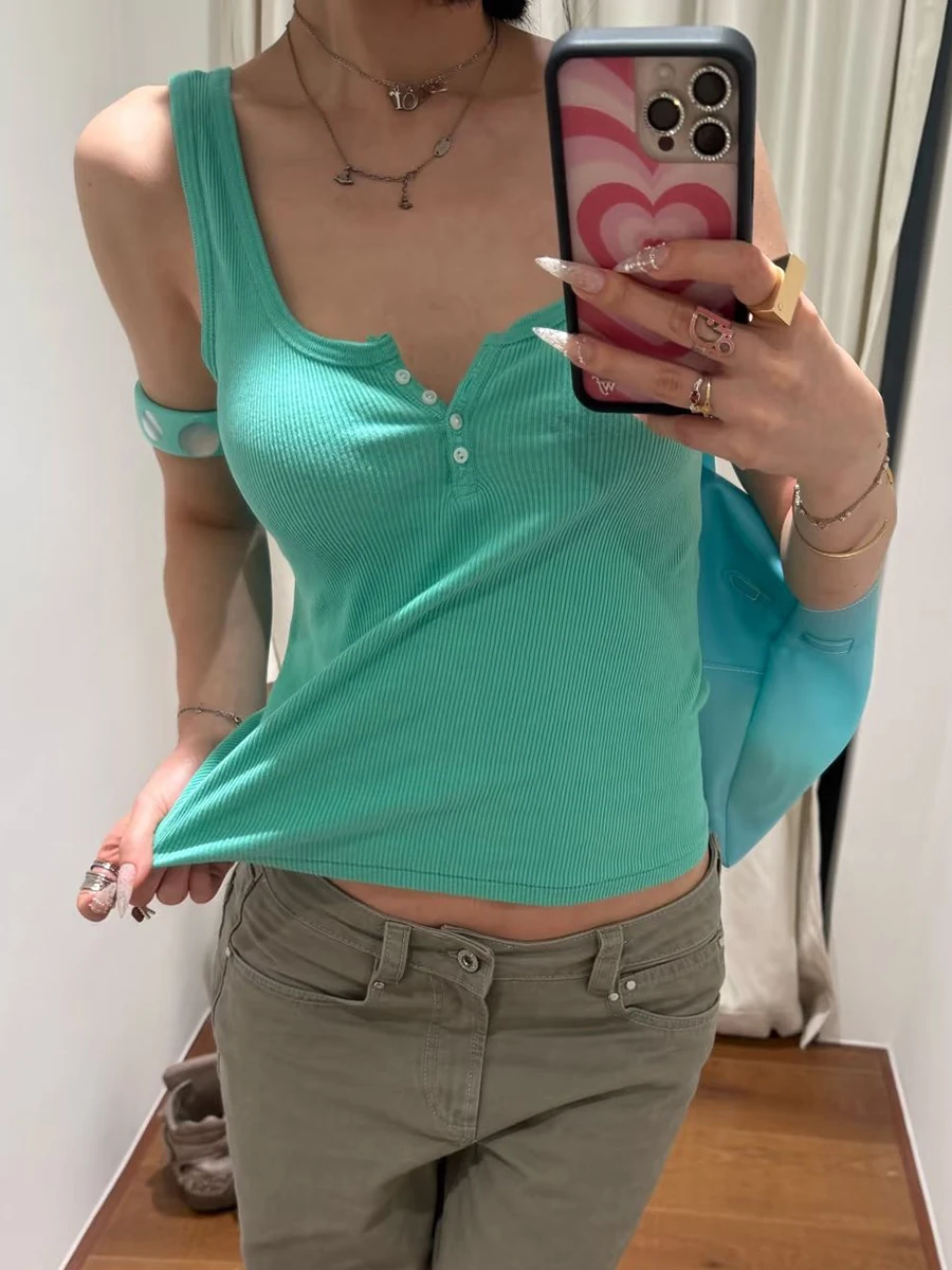 Four Buttons Ribbed Slim Tank Top Woman Summer U Collar Vest Female Casual Sweet Simple All-match Basic Vest New Lake Blue Tops