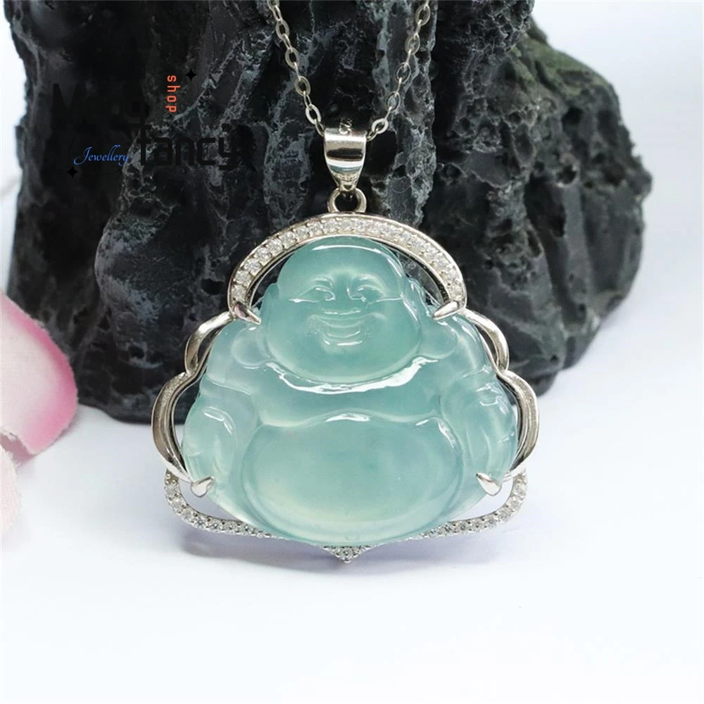 S925 Silver Lnlaid Natural Jadeite Exquisite Elegant Simple High-grade Pendant Buddha Myanmar Blue Water Luxury Quality Jewelry