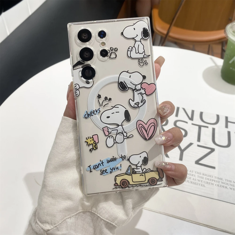 Cute Snoopy Magnetic Holder Magsafe Wireless Charge Transparent Phone Case For Samsung Galaxy S26 25 24 23 Ultra Puls Cover