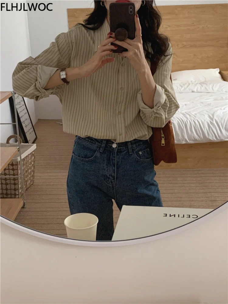 Loose Lazy Minimalist Style Stripe Corduroy Tops 2022 Cute Japan Girls Chic Korea Design Fashion Striped Boyfriend Button Shirts