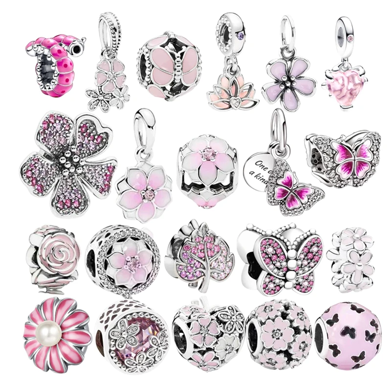 Rosa borboleta flor de cerejeira lagarta charme esmalte grânulo caber pulseira de prata original jóias acessórios para mulher