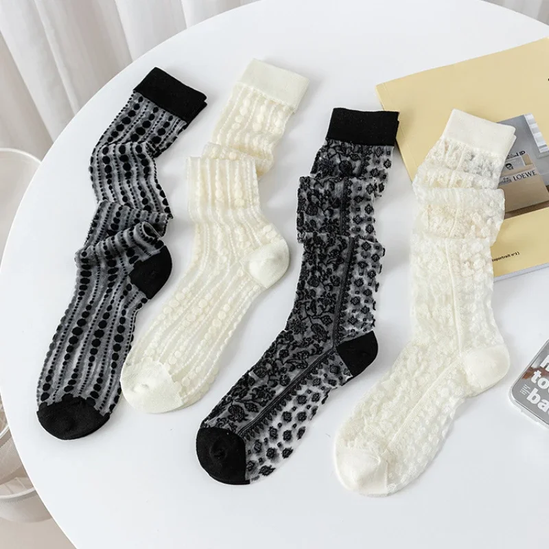 Crystal Silk Socks Stockings Women Summer Ultra-thin Transparent Nylon Long Socks Lingerie Sexy Lace Floral Knee Socks Stockings