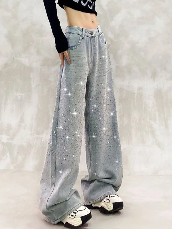 

iny Sequin Wide Leg Jeans Women's High Waist Slimming Loose Straight Cut Denim Pants Spring New Sle Comfortable Casual Jeans
