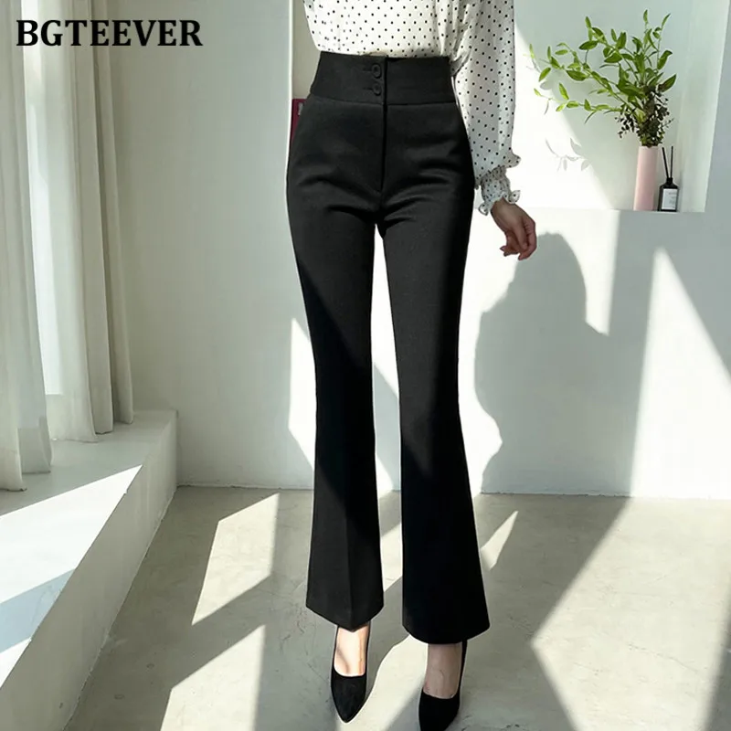 BGTEEVER Stylish High Waist Thick Ladies Flare Pants Double-buttons Autumn Winter Warm Women Woolen Pants