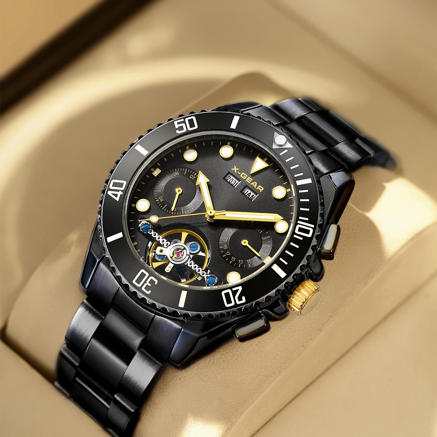 ساعة X-GEAR للرجال ميكانيكية خضراء عصرية من الفولاذ المقاوم للصدأ مقاومة للماء ومضيئة ومتعددة الوظائف توربيون أوتوماتيكي فاخر