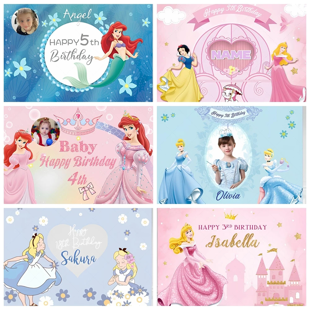 Customized Disney Princess Party Girls Birthday Party Decoration Theme Photo Photography Background Banner Customized Photo Name