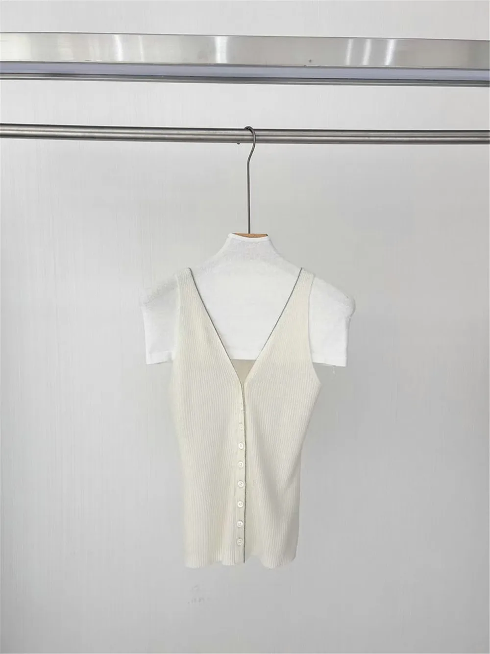 25 الخريف/الشتاء جودة عالية الخامس الرقبة الكشمير الثقيلة سلسلة من الخرز محبوك المرأة أسفل تانك #5