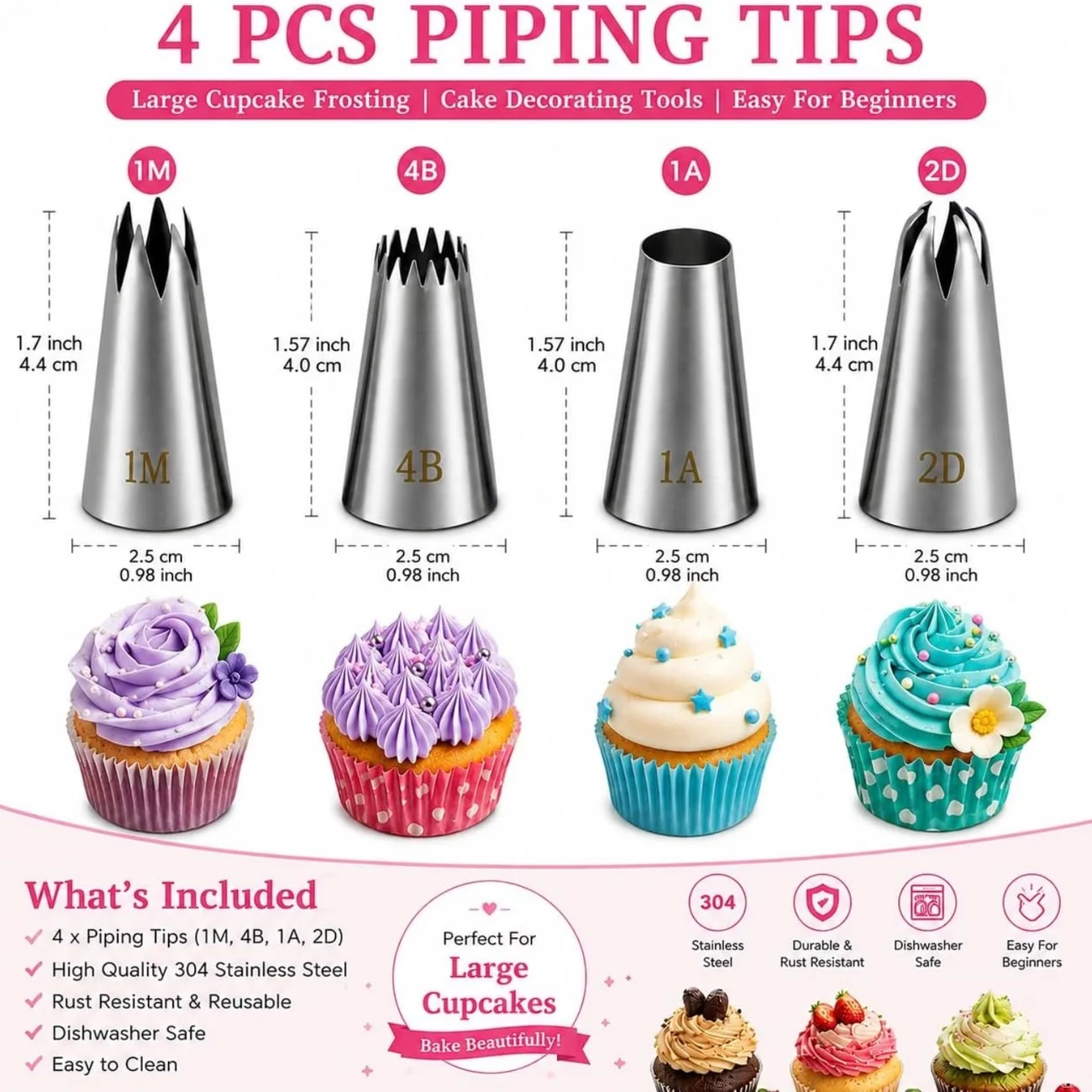4Pcs Large Piping Tips Set 1M 2D 4B 1A Stainless Steel Icing Nozzles Cupcake Cookie Buttercream Decor Baking Tools For Beginners