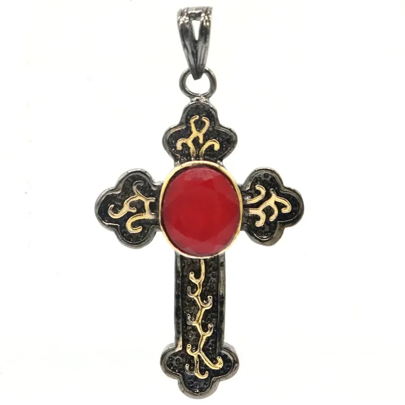 Buy 2 Get 1 Free 63x34mm Punk Long Cross 16g  Real Red Ruby For Man Street Jewelry Black Gold Silver Pendant