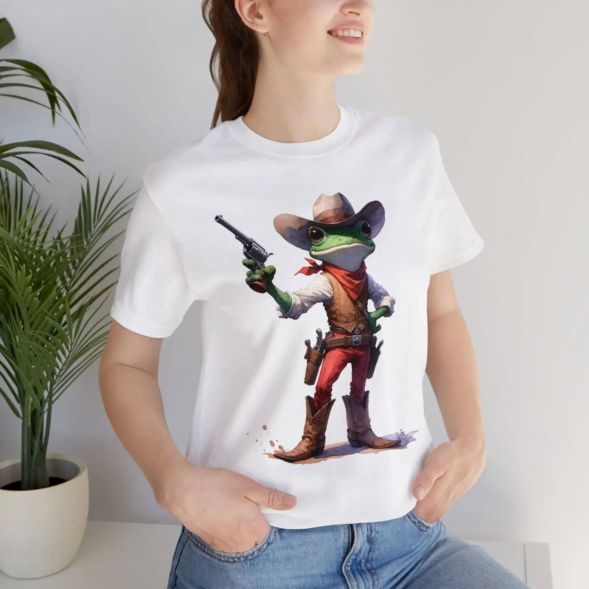 Unique Watercolor Cowboy Frog T Shirt Western Revolver Gun Print DTG Artistic Amphibian Top Design