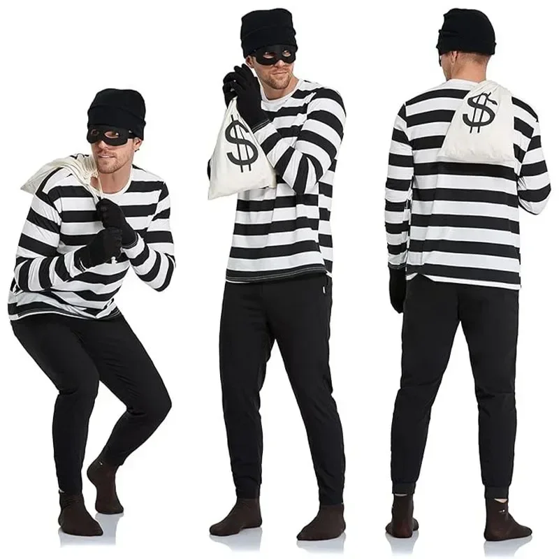 Convict Thief-Disfraz de Cosplay para mujer, medias superiores a rayas, sombrero tejido, guantes, bolsa de lona, máscara para ojos, traje de fiesta de Carnaval de prisionero