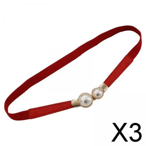 2-4pack Pearl Elastic Belt Thin Leather Women Waist Belt Dress Skirt Decor Red