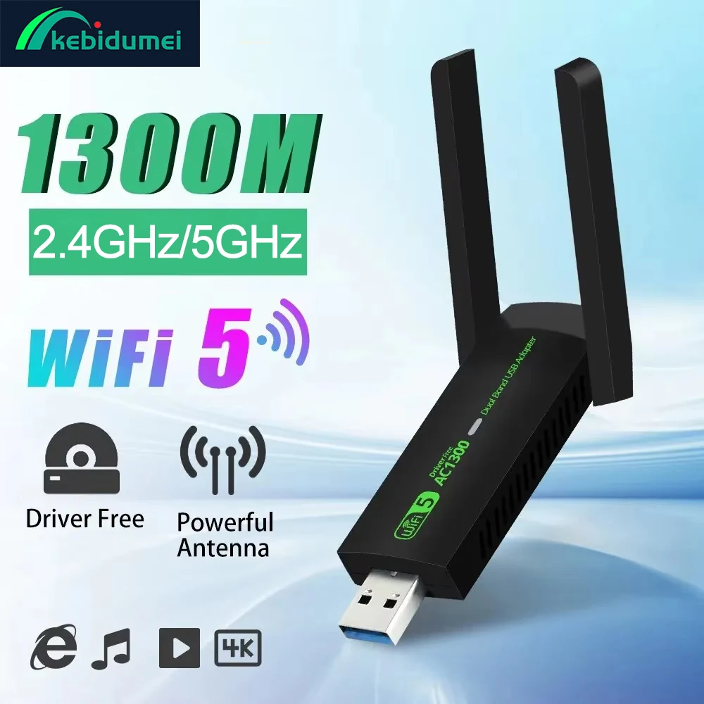 

Kebidumei USB3.0 WiFi Adapter 1300Mbps Network Card Dual Band 2.4G/5GHz WiFi Dongle Wireless Receiver Transmitter For Laptop PC