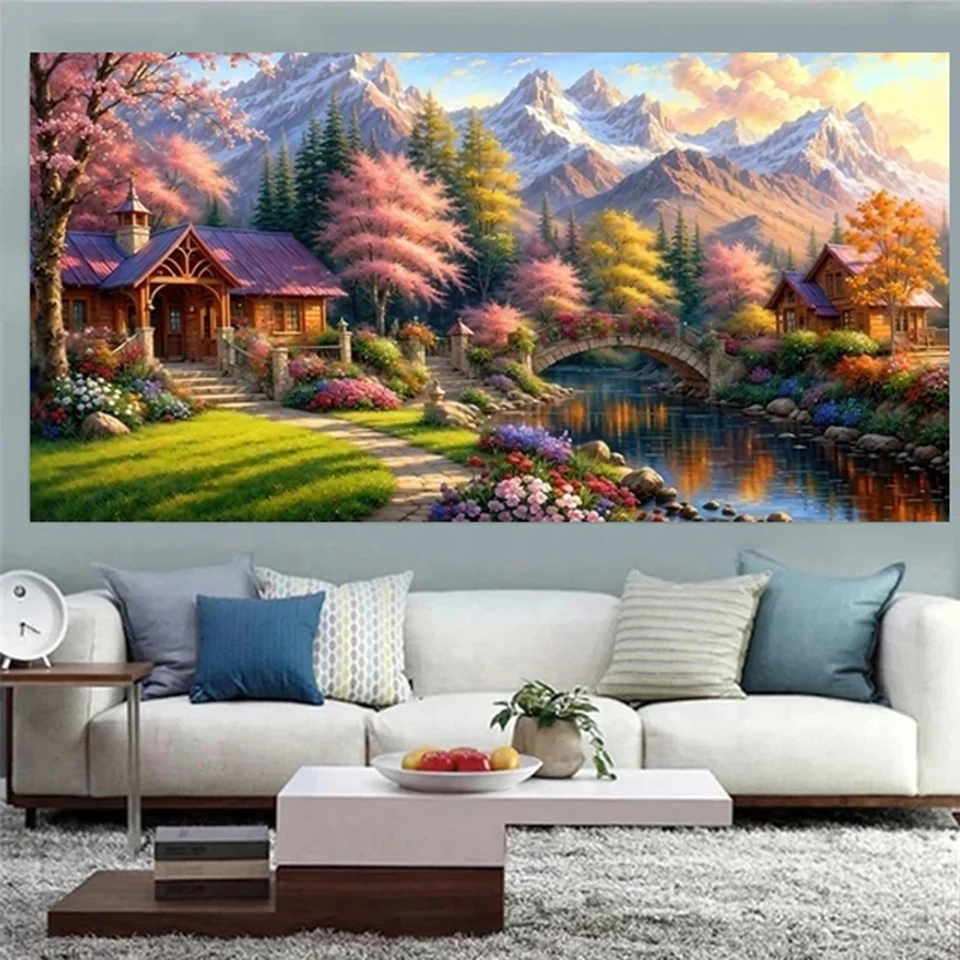 Large Spring Pink Tree Rural House Natural Landscape Diy 5d Diamond Painting Full Rhinestones Picture Embroidery New 2024 G627