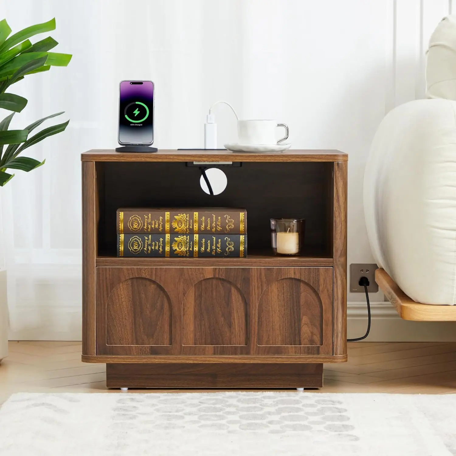 

Small Nightstand With Charging Station, Accent Bedside Nightstand With Drawer, Mid Century Modern Bedroom Side Bed, Customized