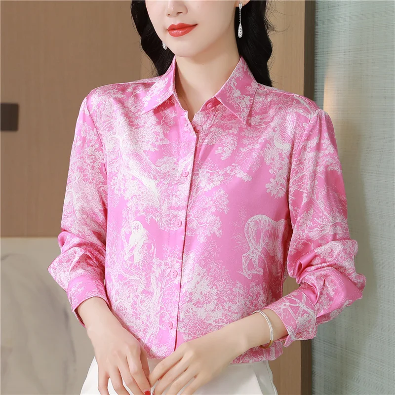 

Women Clothing Unique Twill Satin Floral Mulberry Silk Shirt Top 2025 Spring Collection