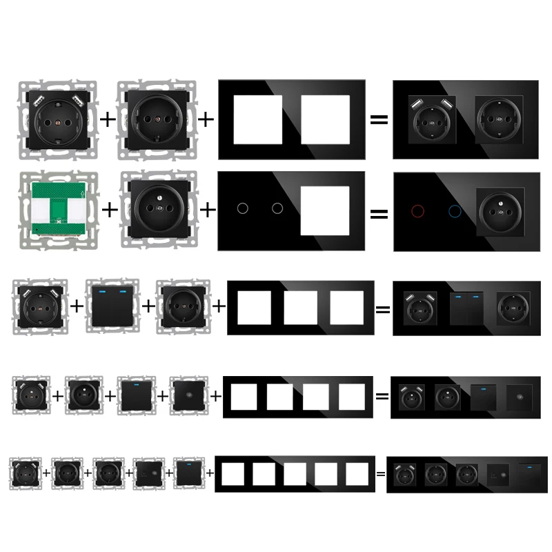 Nywp wall mount module diy European standard pc black panel socket switch button free combination function