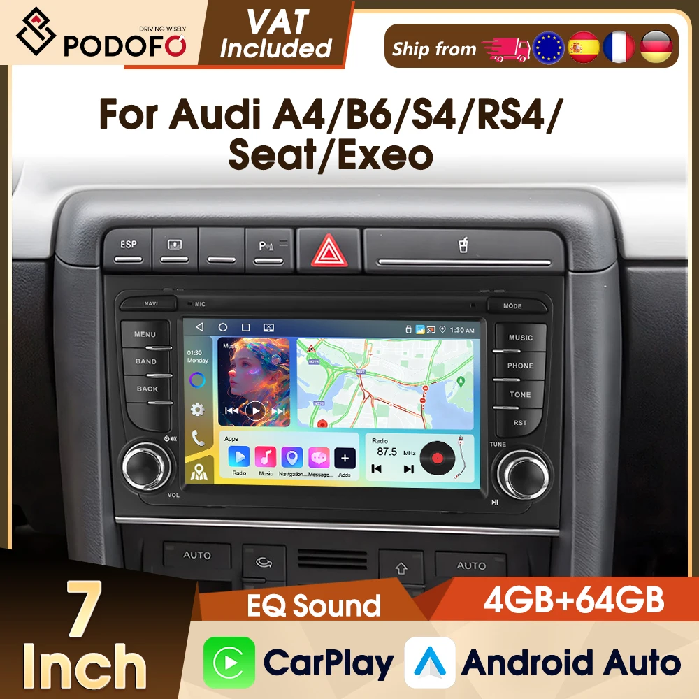 Reproductor de radio para coche Podofo de 7'' con Carplay inalámbrico para Audi A4 2002-2007 S4 RS4 B6 B8 B7, Android Auto, Wifi, GPS, FM, RDS, reproductor multimedia para coche