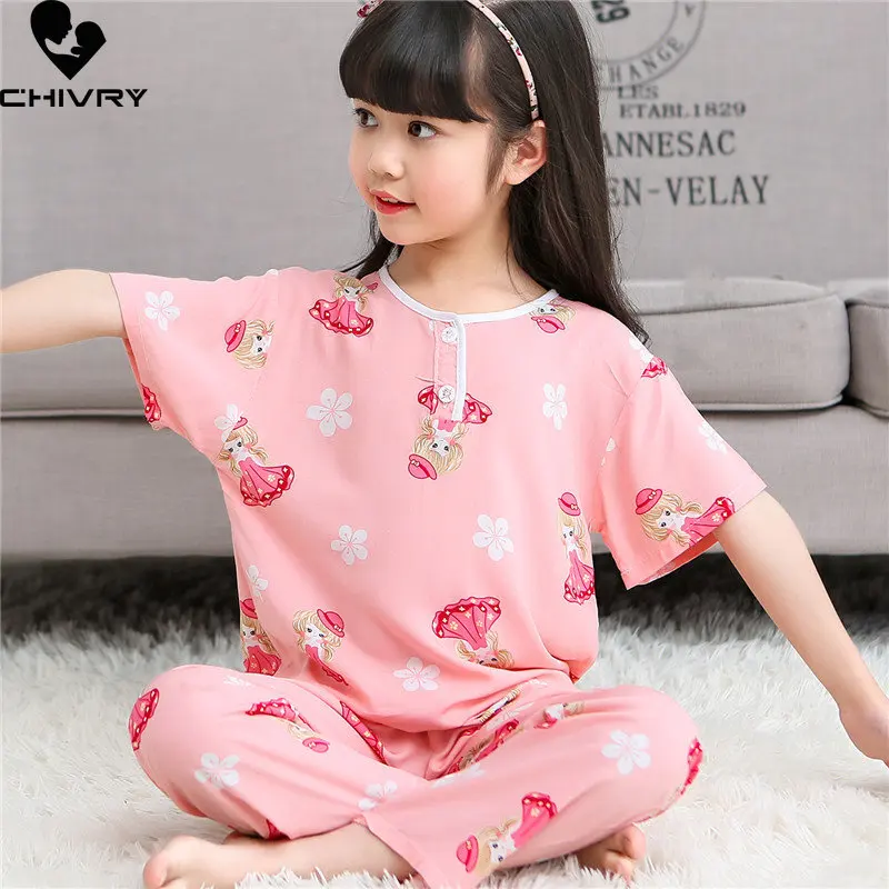 

Kids Boys Girls Pajamas New 2023 Summer Thin Cute Cartoon Short Sleeve O-Neck Casual Pyjamas Homewear Baby Sleeping Clothing Set