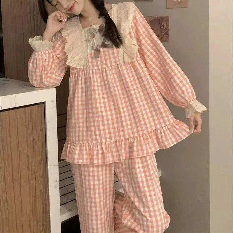 Lace Women Pajamas Set for Home Plaid Ruffles Sleepwear Long Sleeve Pants Suit 2 Pieces Autumn Korean Square Collar Night Wears