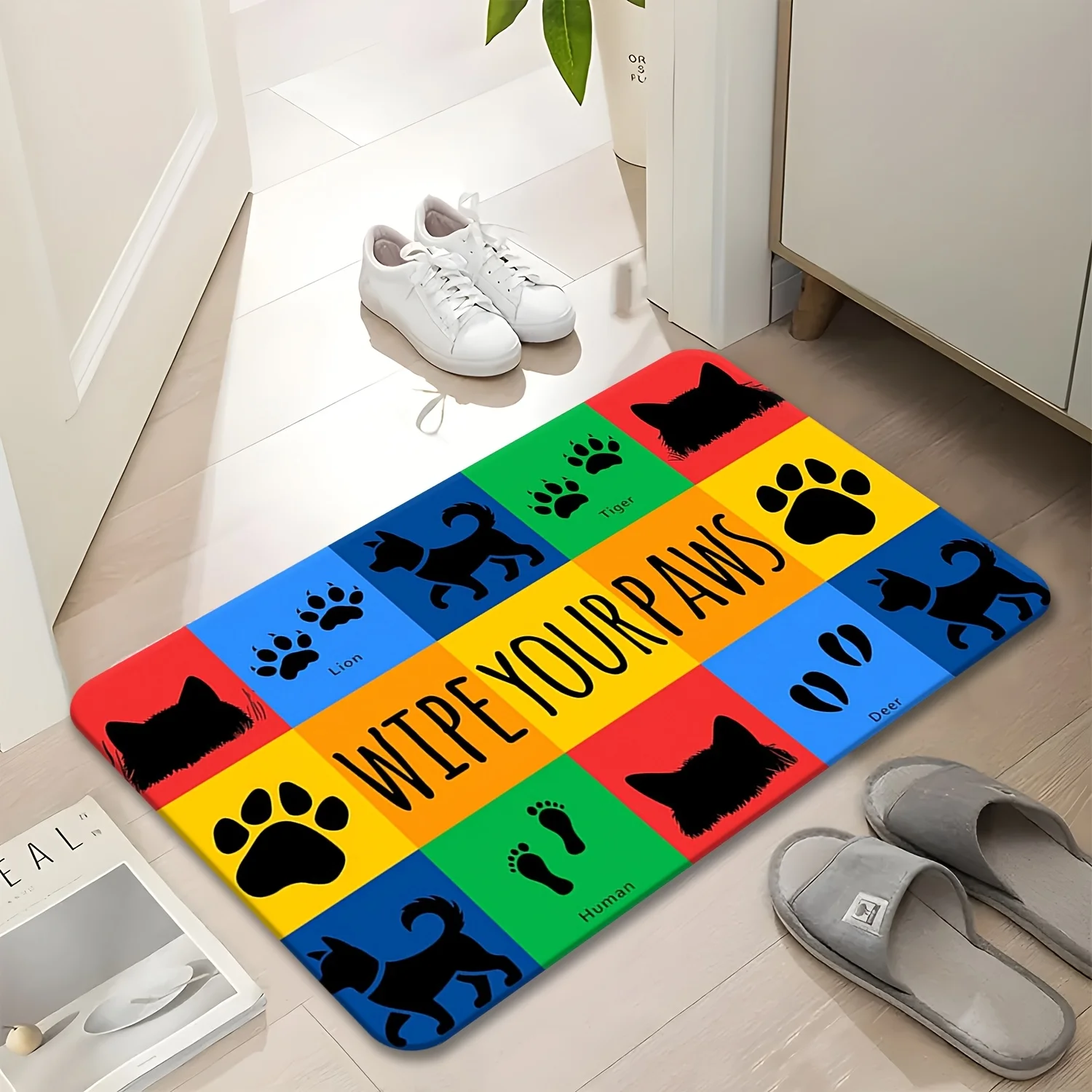 Patchwork Pet Illustration Doormat Red Blue Yellow Green Polyester Hand Wash Only 80x50cm Decorative Use