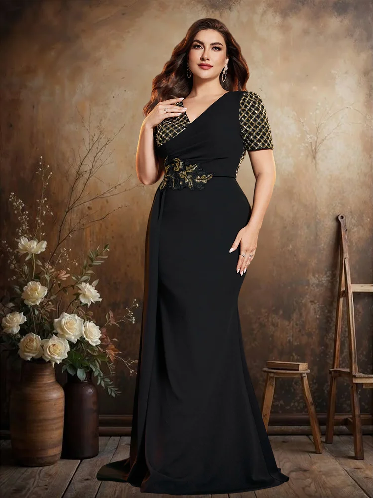 

BLUEPLUM Plus Size Black Elegant Short Sleeve Sequins Splicing Formal Evening Dresses Luxury Mermaid Party Bridesmaid Cocktail
