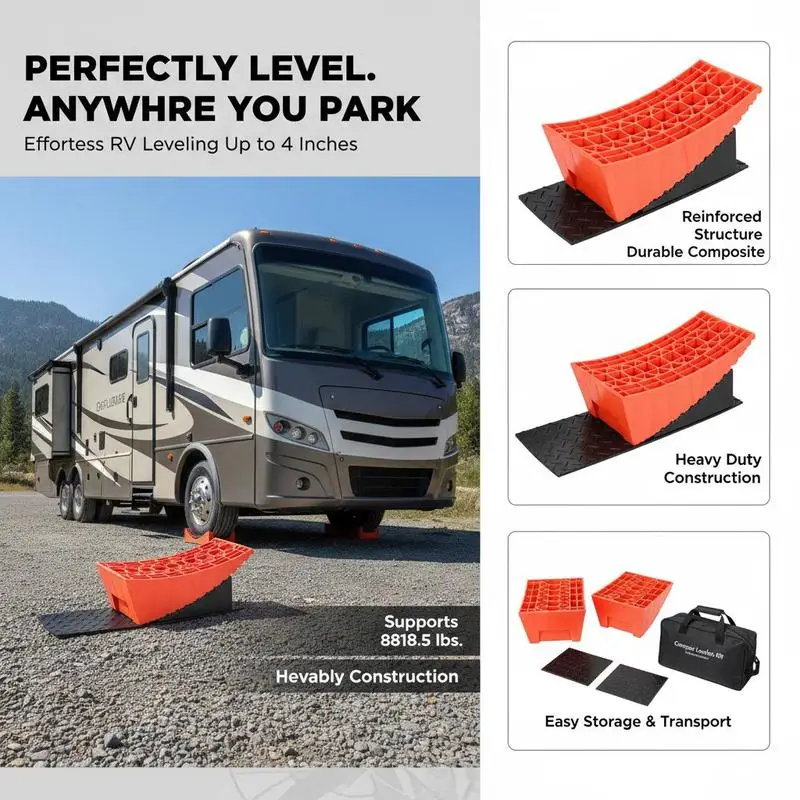 RV Leveling Wedges 15" For Travel Trailers Motorhomes Campers 4" Lift Height Heavy Duty Curved Ramp Kit Rubber Mats Carrying Bag Bubble Indicators 2-Pack view 2
