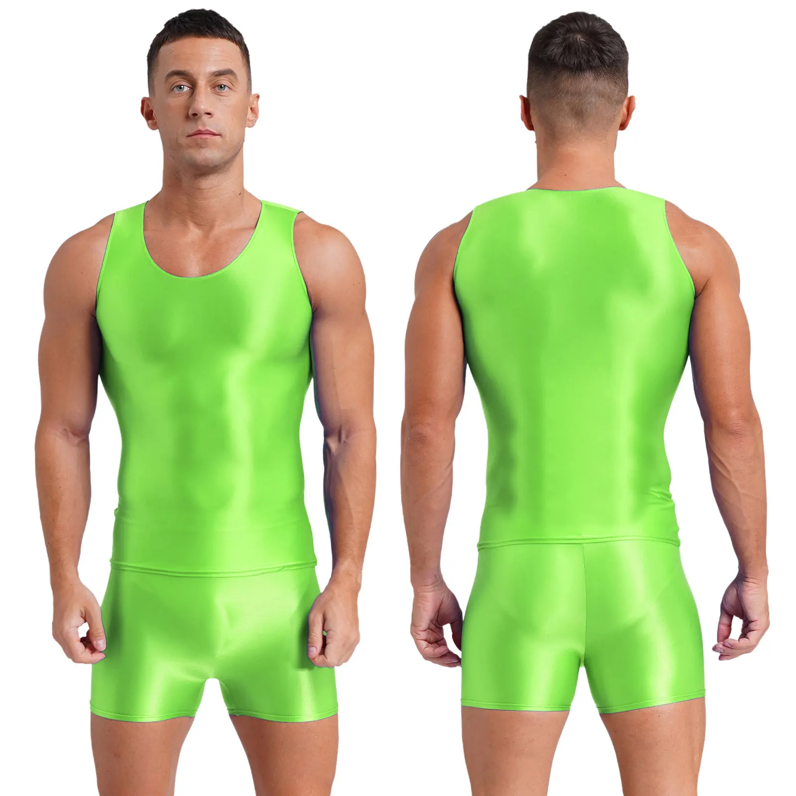 Summer Sport Bodybuilding Costumes Men Glossy Sleeveless Crop Top with Stretchy Shorts Set for Running Fitness Swimming Suit