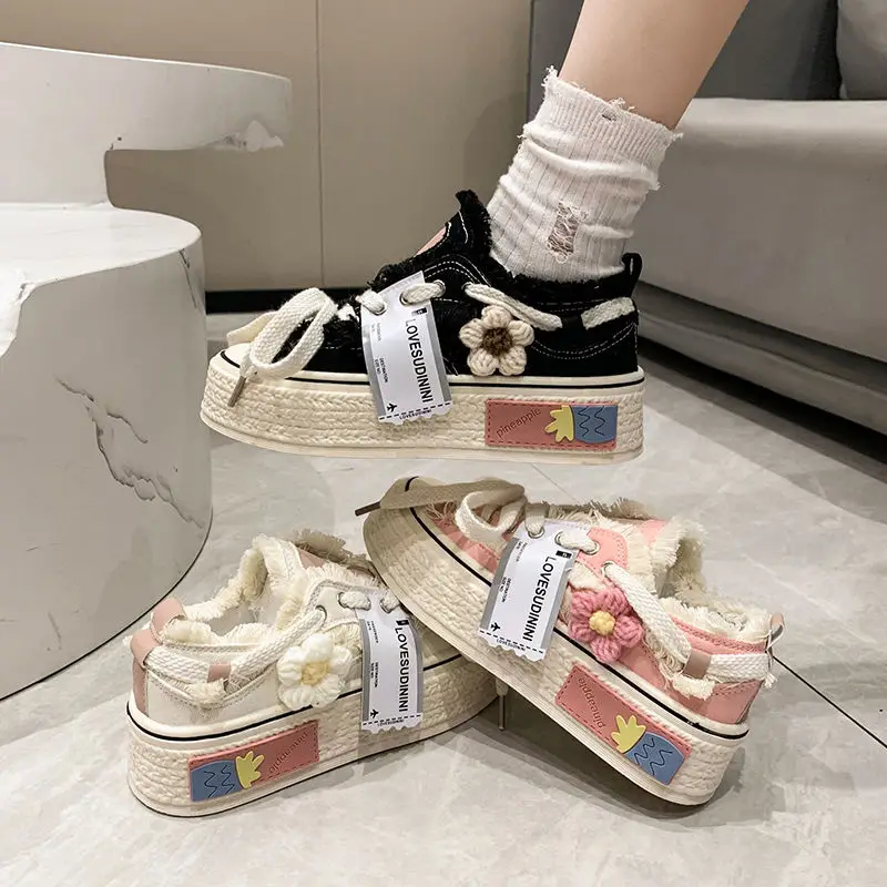 Pink Frayed Hem Sneaker Women\'s Vulcanize Canvas Shoes Teenager Espradilles Girl Chunky Platform Trainers Woman Flower Plimsolls