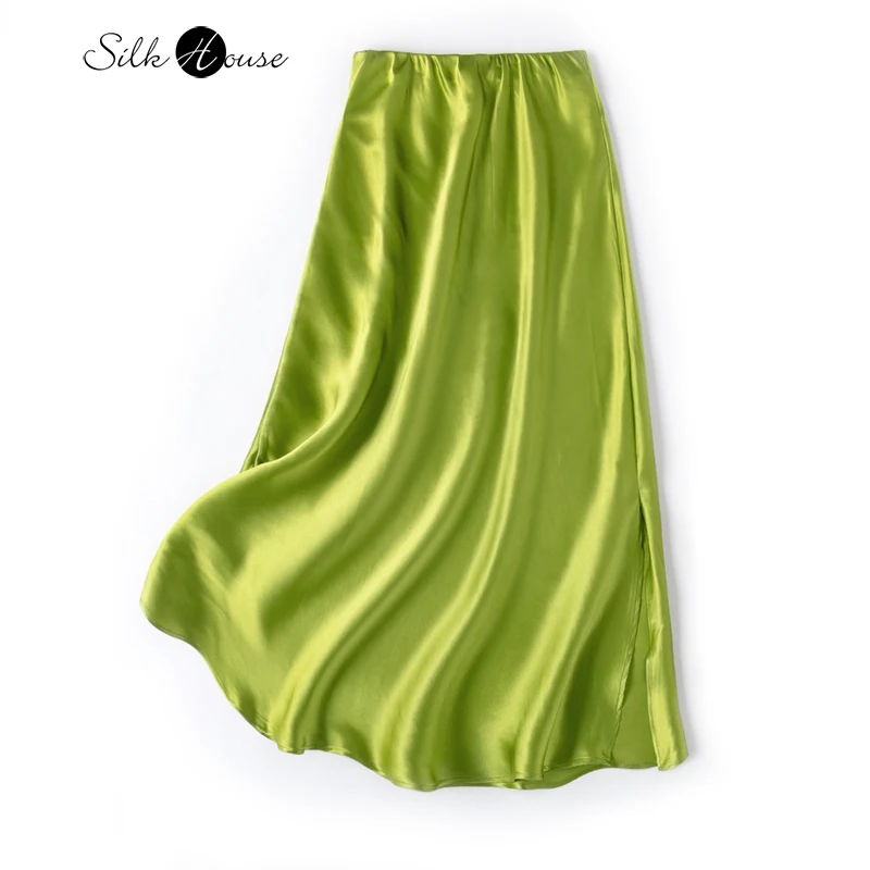 

2024 Women's Spring New 100%Natural Mulberry Silk Plain Satin Single Side Split Light Luxury Elastic Waist Hip Green Wrap Skirt